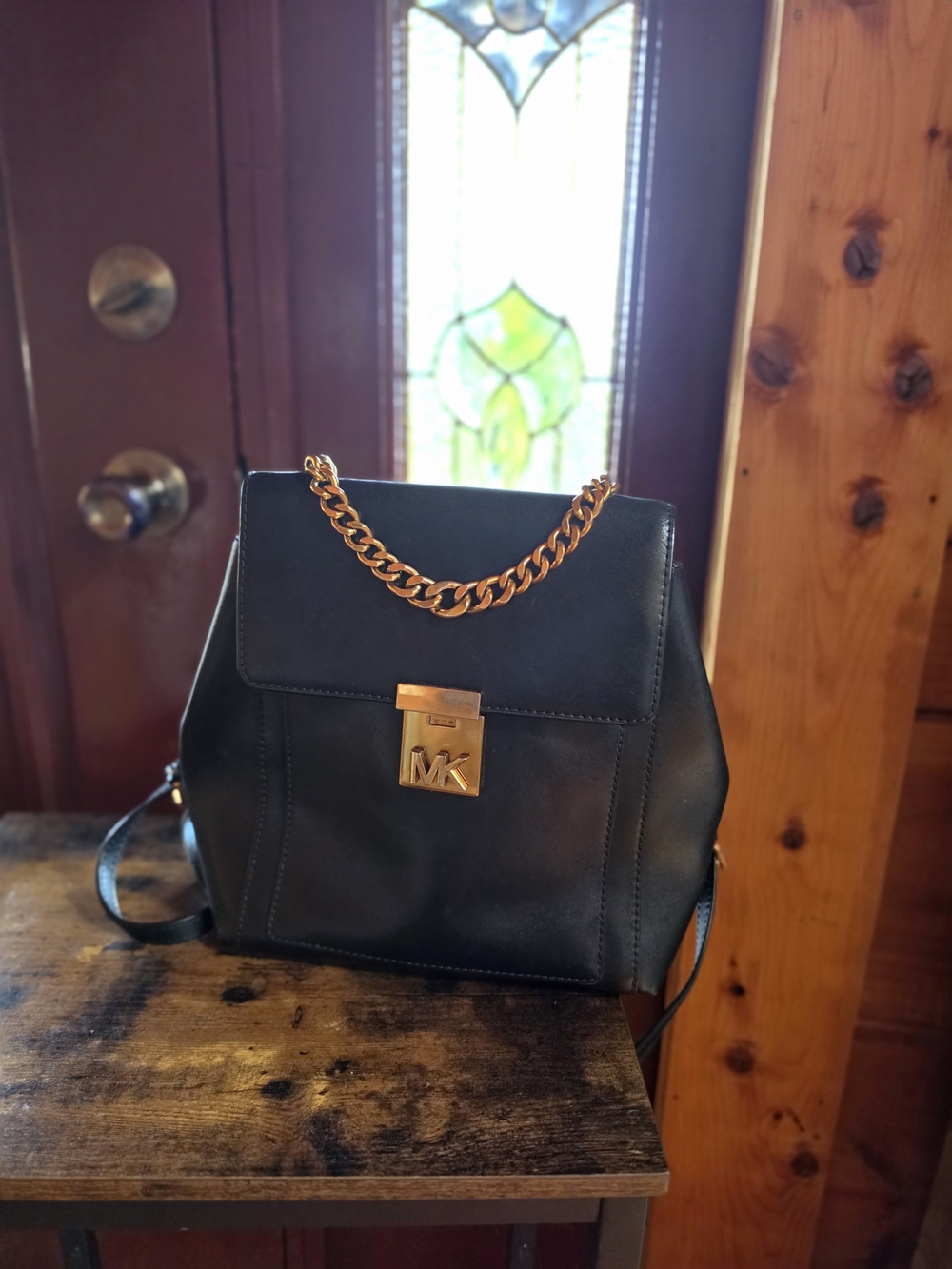 Michael Kors Black Leather Backpack with Gold MK Lock